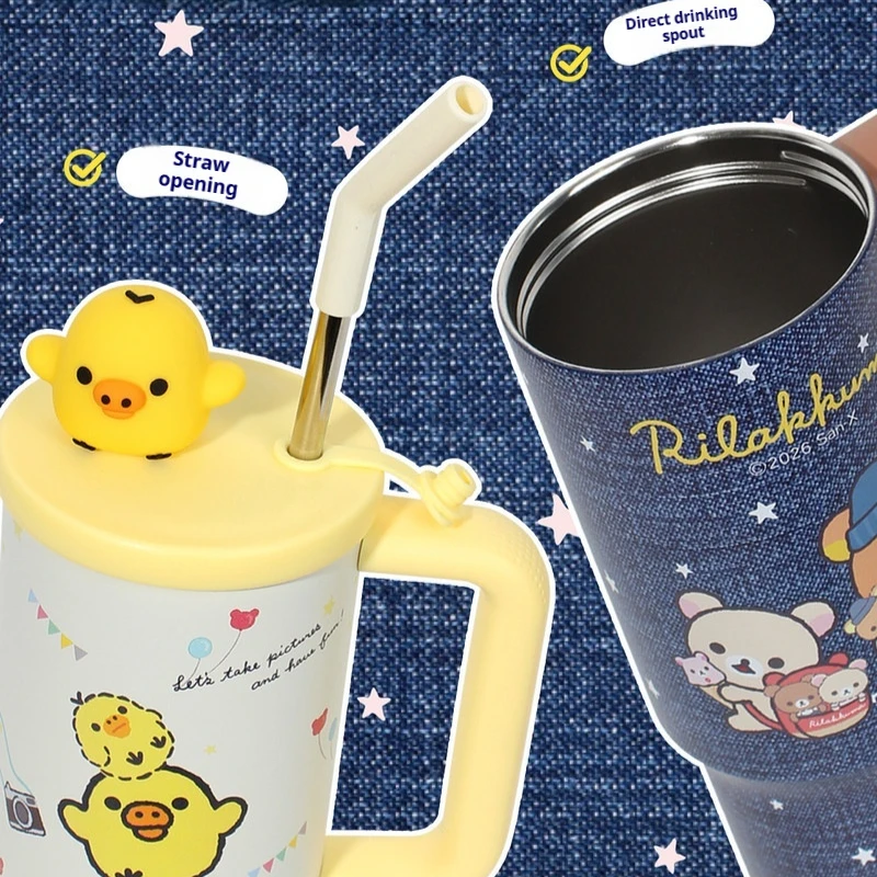 Rilakkuma 970ml Double Wall Insulated Tumbler Dual Drink Straw Car Water Cup For Men Women Travel Office Use