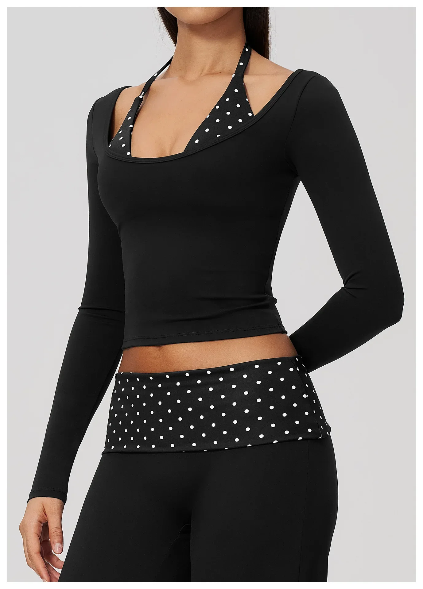 Yoga Langarm-Fitness-Top, Gym-Workout, Damen-Top mit Neckholder, Streifenmuster, kurzes, aktives Shirt, atmungsaktiv, für Sport und Training – Detail 13
