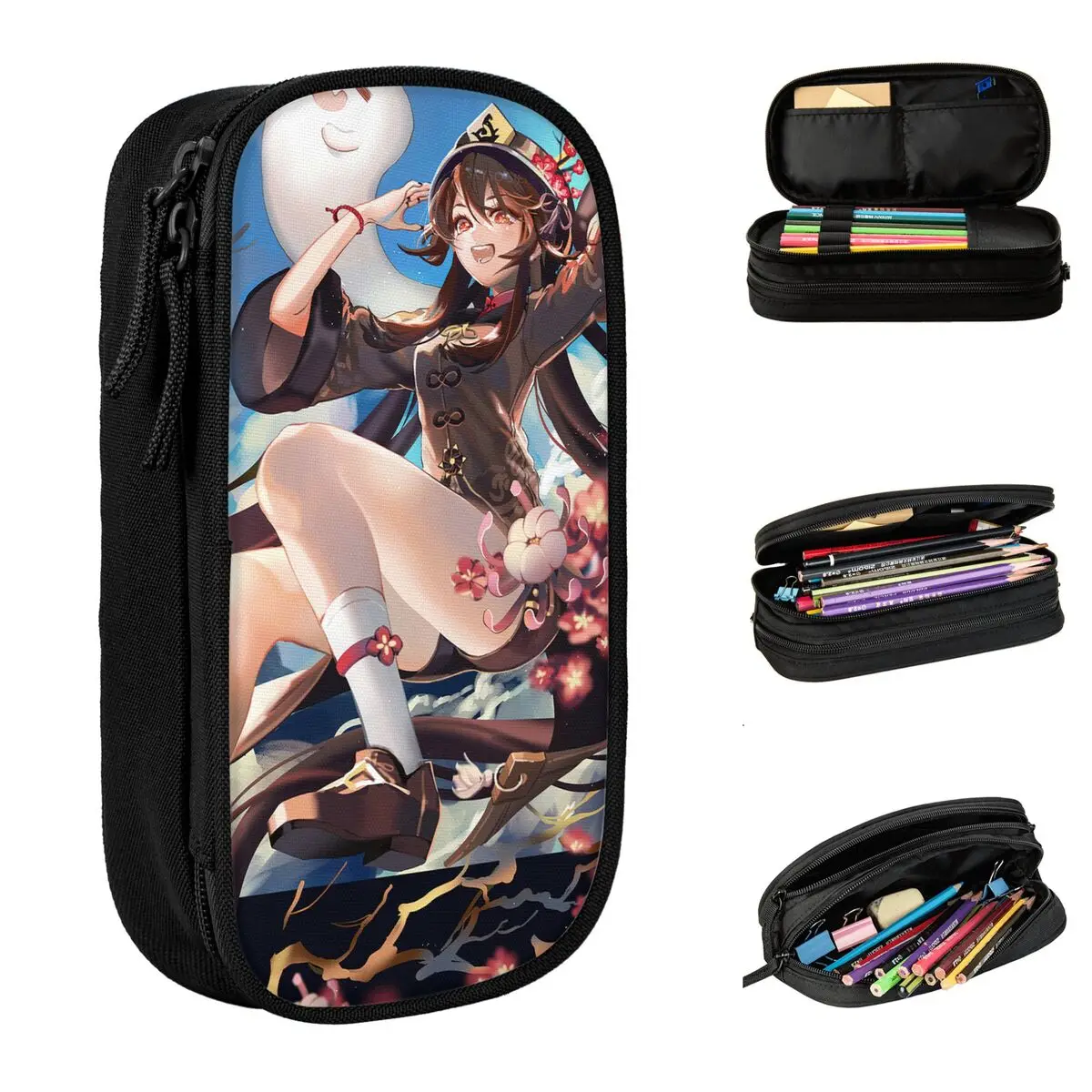 Kotak Pensil Hutao Tas Pensil Tempat Pena Anime Genshin Impact Baru Kantong Pensil Ritsleting Kantor Kapasitas Besar Anak Perempuan Laki-laki