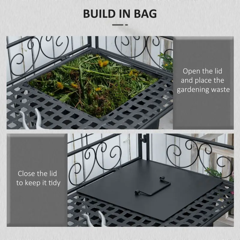 Folding Potting Bench Table, Metal Garden Workstation, Work Bench with Large Build-In Bag with Cover, 5 Hanging Hooks & Storage Shelf - view 4