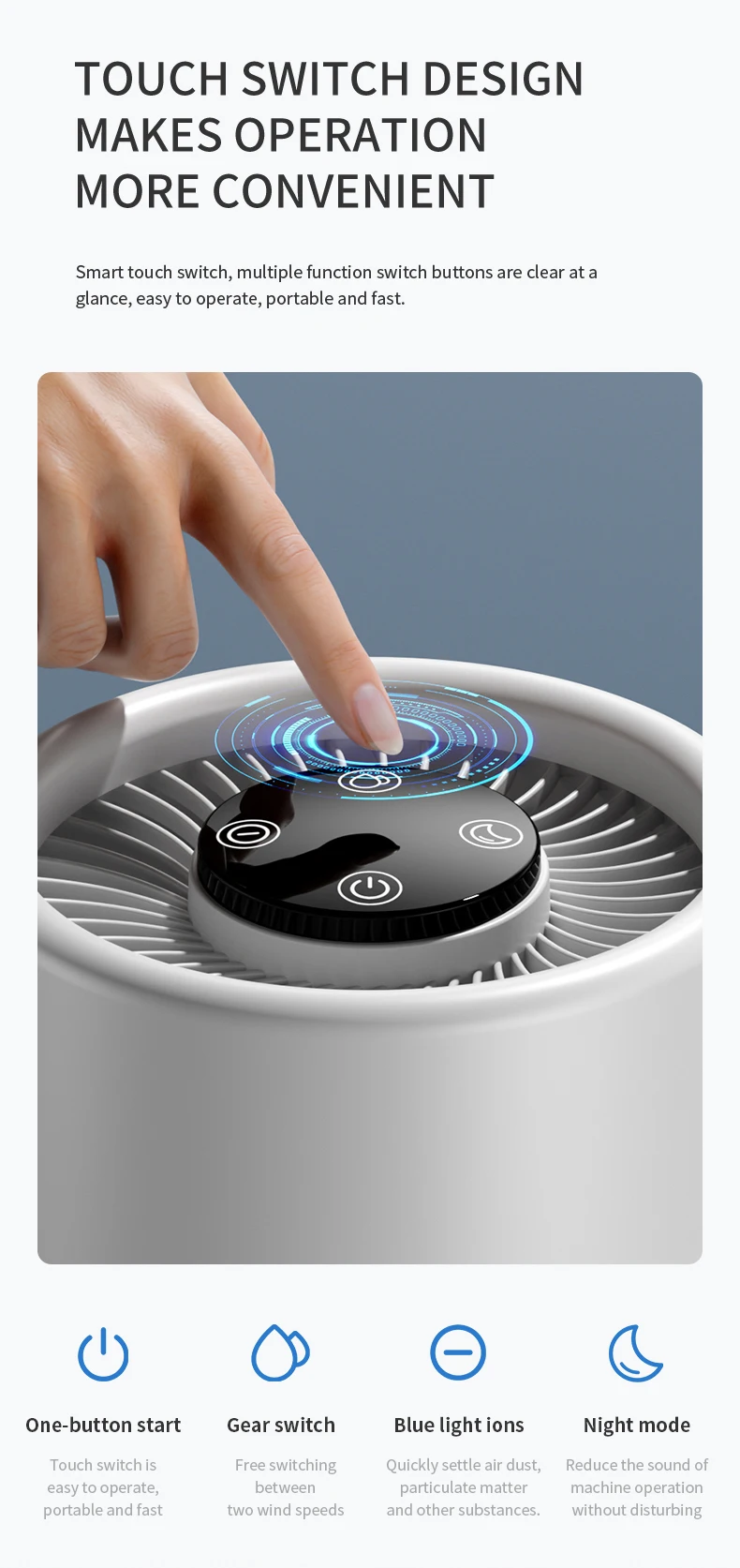 Portable Air Purifier HEPA Activated Carbon Composite Filter Blue Light Negative Ion 2 Speed Touch Control USB Type-C Quiet Night Mode Aroma Tank