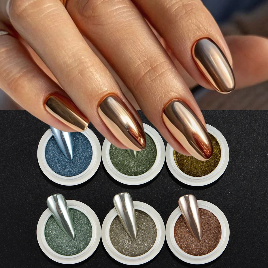 مجموعة بودرة لامعة للأظافر مكونة من 6 ألوان، مجموعة بودرة أظافر كروم بلون الشمبانيا الوردي المجسم بتأثير مرآة وأصباغ مانيكير ديكور