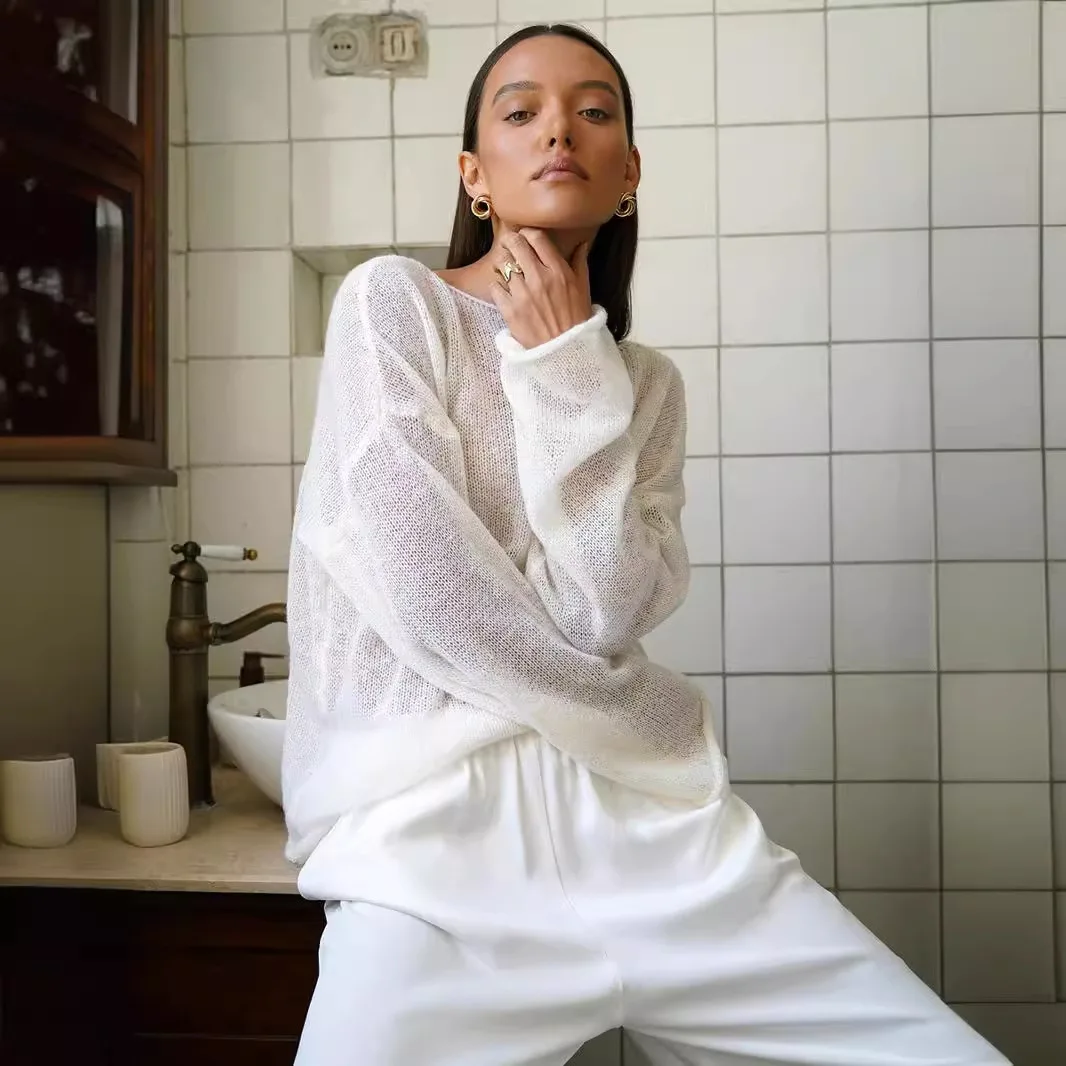 Light Sheer Mesh Knit Sweater Oversized Round Neck Long Sleeve Tops for Women Cover-Ups Casual Layering Shirts Blouses