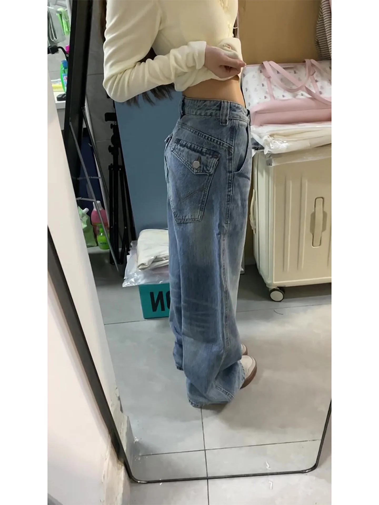 Plus size americano sle perna reta denim jeans feminino outono inverno novo design ket bordado magro calças de perna larga