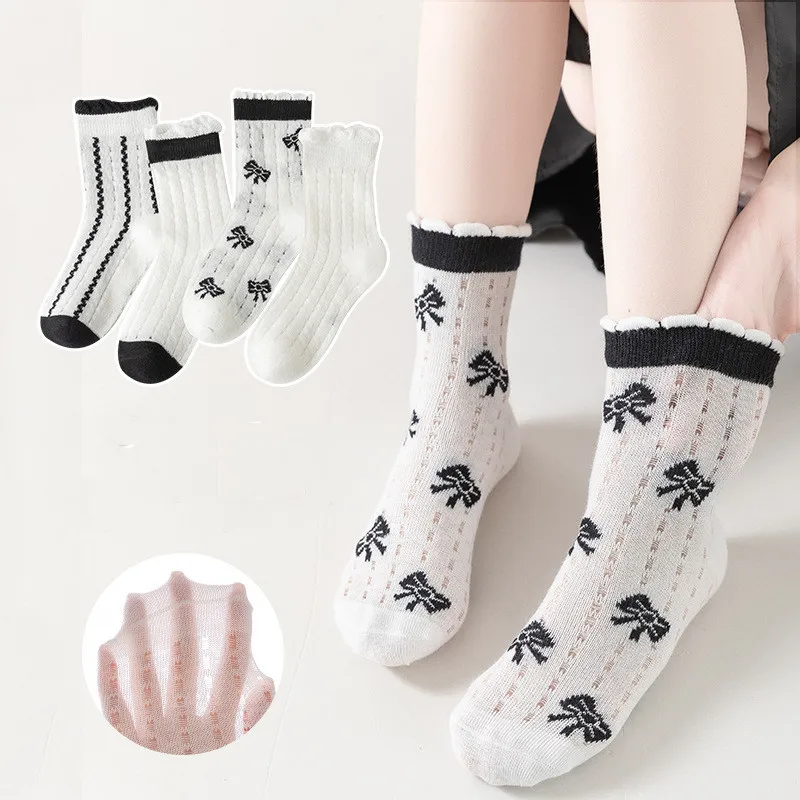 4pair/ser Summer Breathable Mesh Baby Girl Sock Jacquard Bowknot Casual Calf Sock for Kids Soft Cotton Lightweight Princess Sock