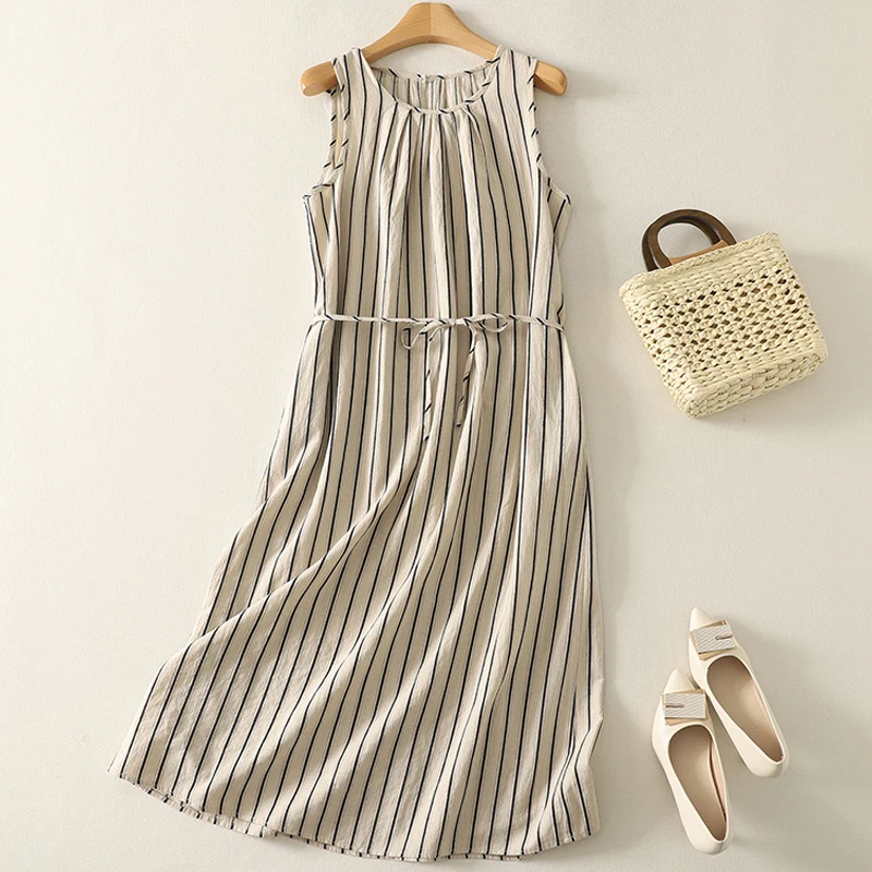 المرأة الصيف بوهو نمط مخطط طباعة أكمام القطن فستان كتان مطوي س الرقبة مستقيم البيج ميدي فستان طويل جيب حزام #1