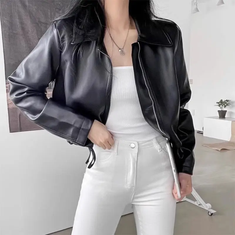 Korean Short Women's Jacket Early Autumn French Style Lapel Drawstring Solid Color Zippered Long Sleeved Leather Coat Z2440