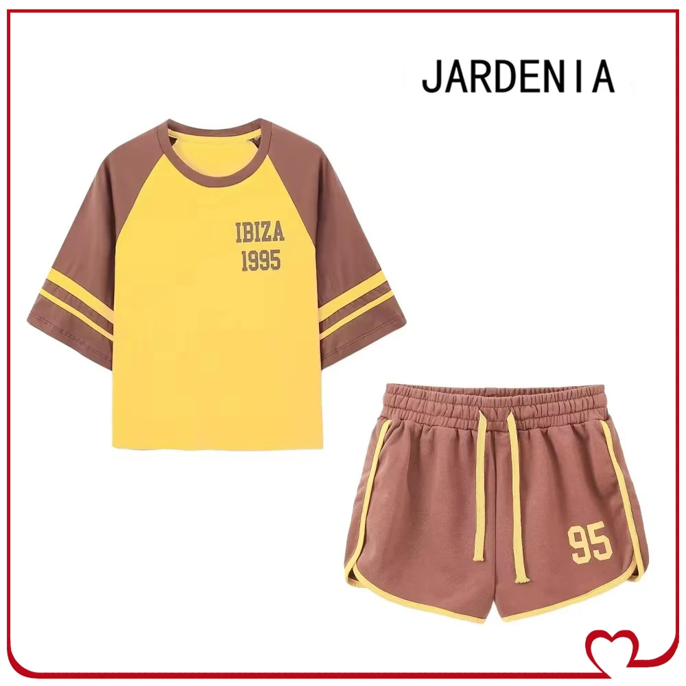 Ensembles courts contrastés à la mode pour femmes, ensembles complets de 2 pièces, t-shirt à manches courtes et col rond et Short à cordon élastique