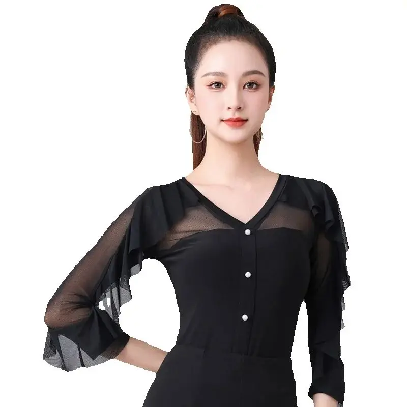 Haut de danse de salle de bal noir à manches à volants pour femmes, Rumba Tango, haut de danse moderne pour adultes, vêtements d'entraînement de danse latine DW10814