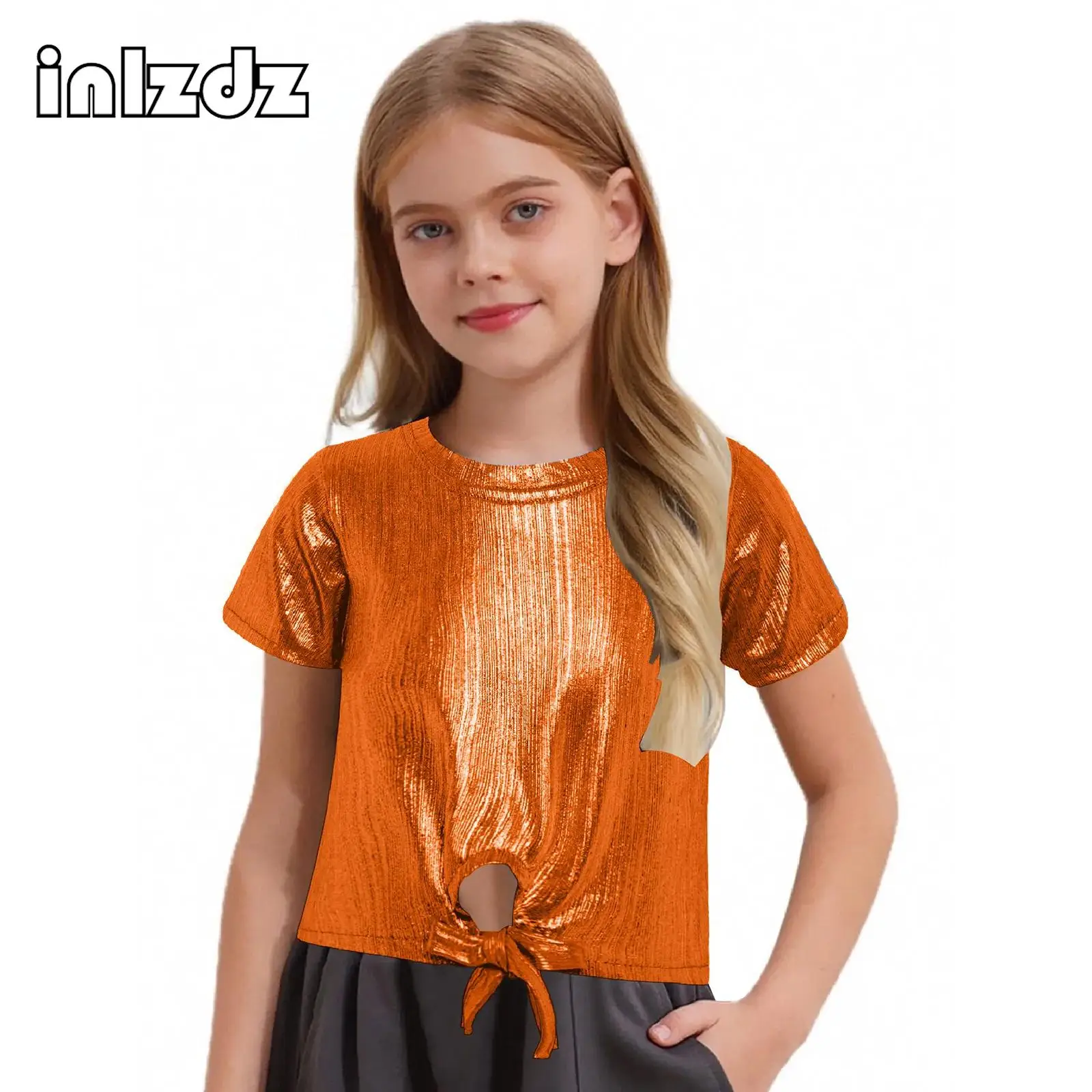 

Kids Girls Metallic Ribbed Crop Top Round Neckline Short Sleeve Lace-up Hem T-shirt for Hip-Hop Jazz Dance Stage Performance