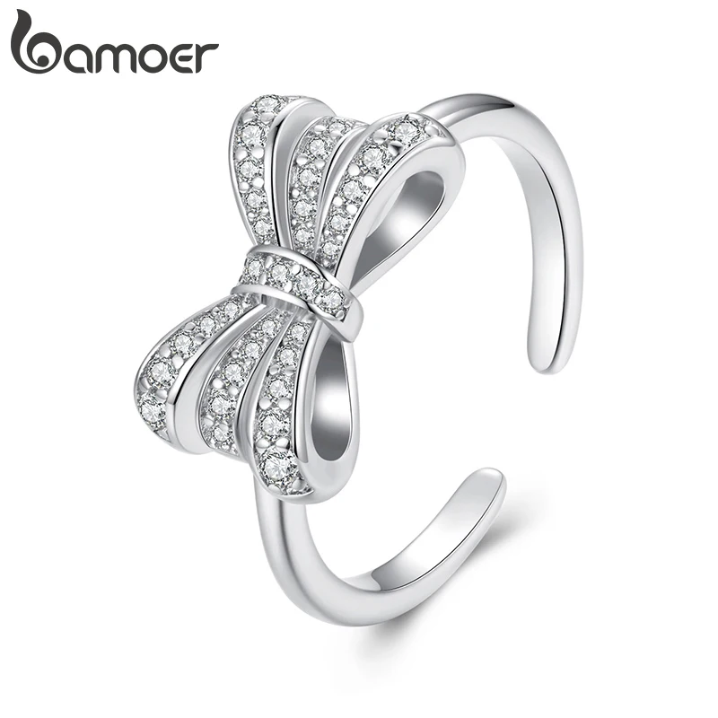 BAMOER White Gold Plated Bowknot Ring with Zircon, Adjustable Statement Ring for Women Unique Bow Design Jewelry YIR249-E