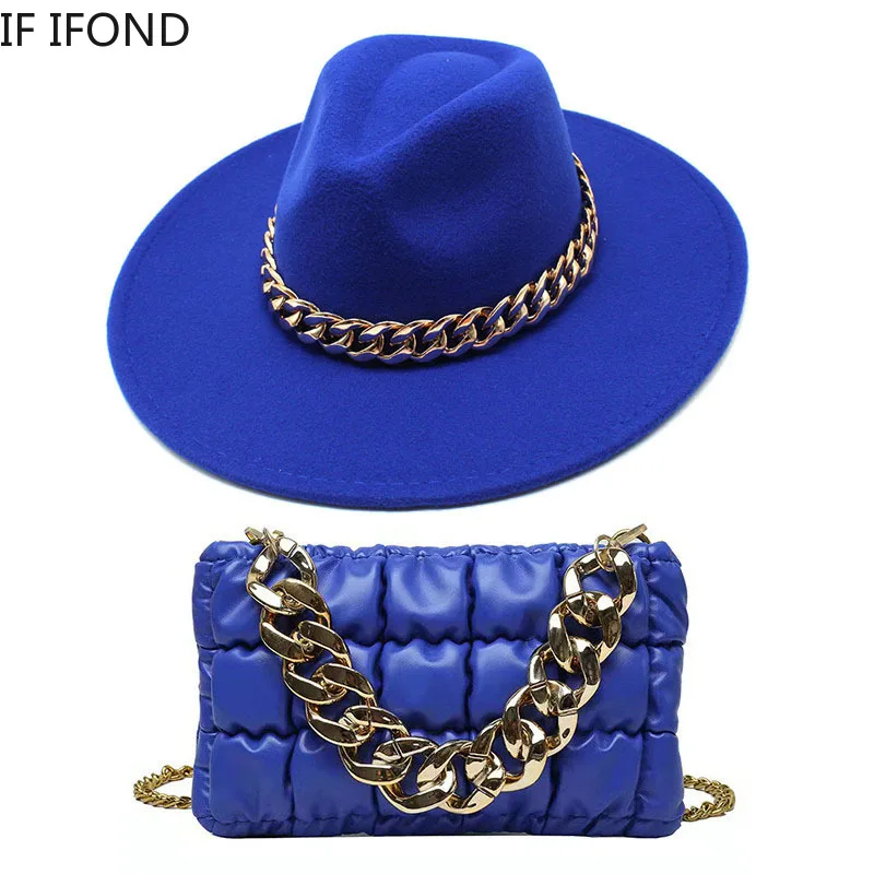 Fashion Luxury Two-piece Set Big Wide Brim 9.5CM Fedora Hat And Oversized Chain Accessory Bag Party Jazz Hats For Women