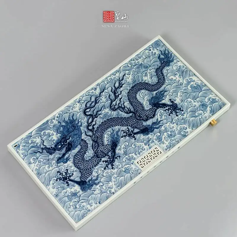 Sacred Mountain Antique Ming Blue White Dragon Leaping Over The Sea Jingdezhen Ceramic Set Tray Dual-Use For Dry And Wet Tea