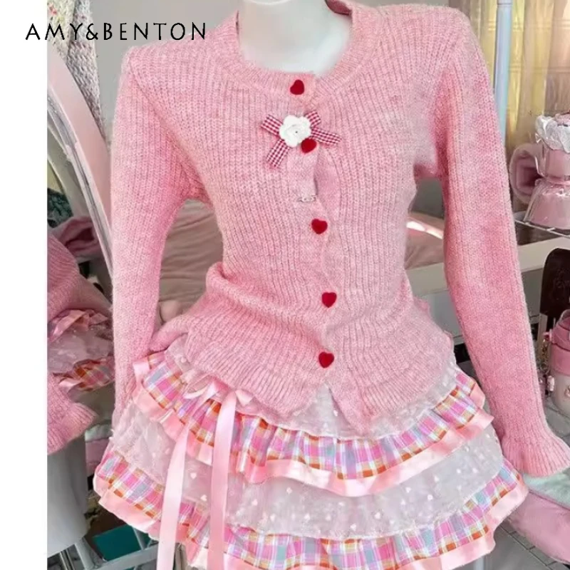 

Оригинальный дизайн, розовый свитер-кардиган с бантом и волнистым краем, женский, весна-осень 2026, новинка, милый, стильный, Y2K, комплект с юбкой-кейк, для женщин