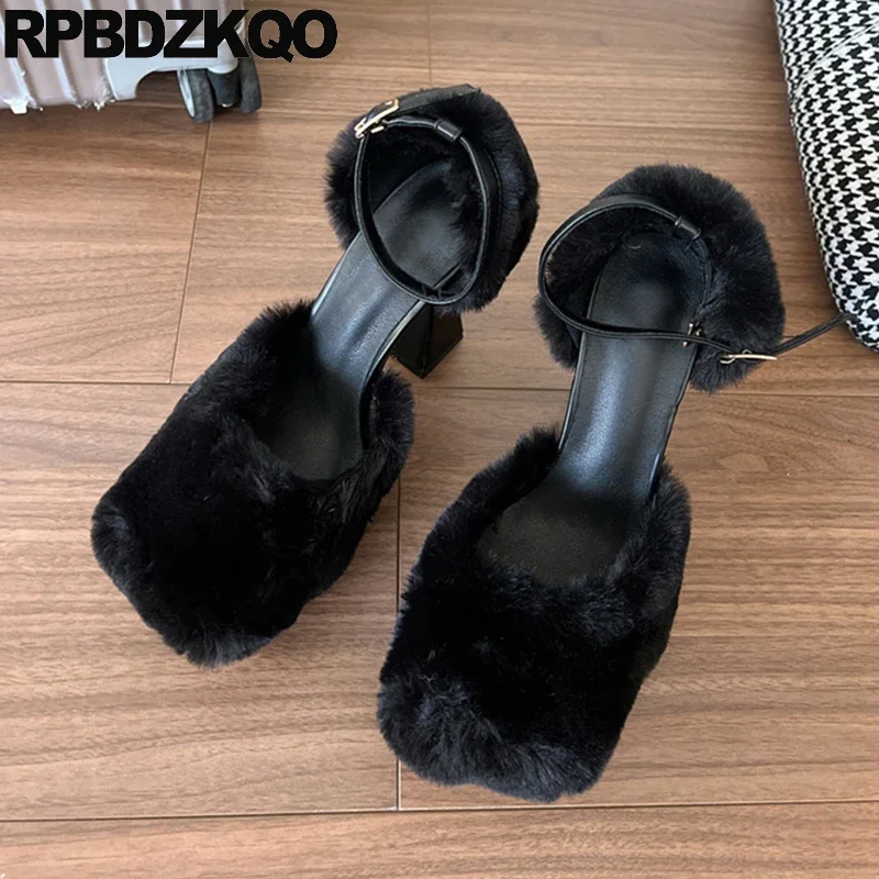 Ankle Strap Shoes Fur Plush Fluffy Square Toe Extreme High Fuzzy Block Pumps Sandals Platform Fetish Women Peach Heels Stripper