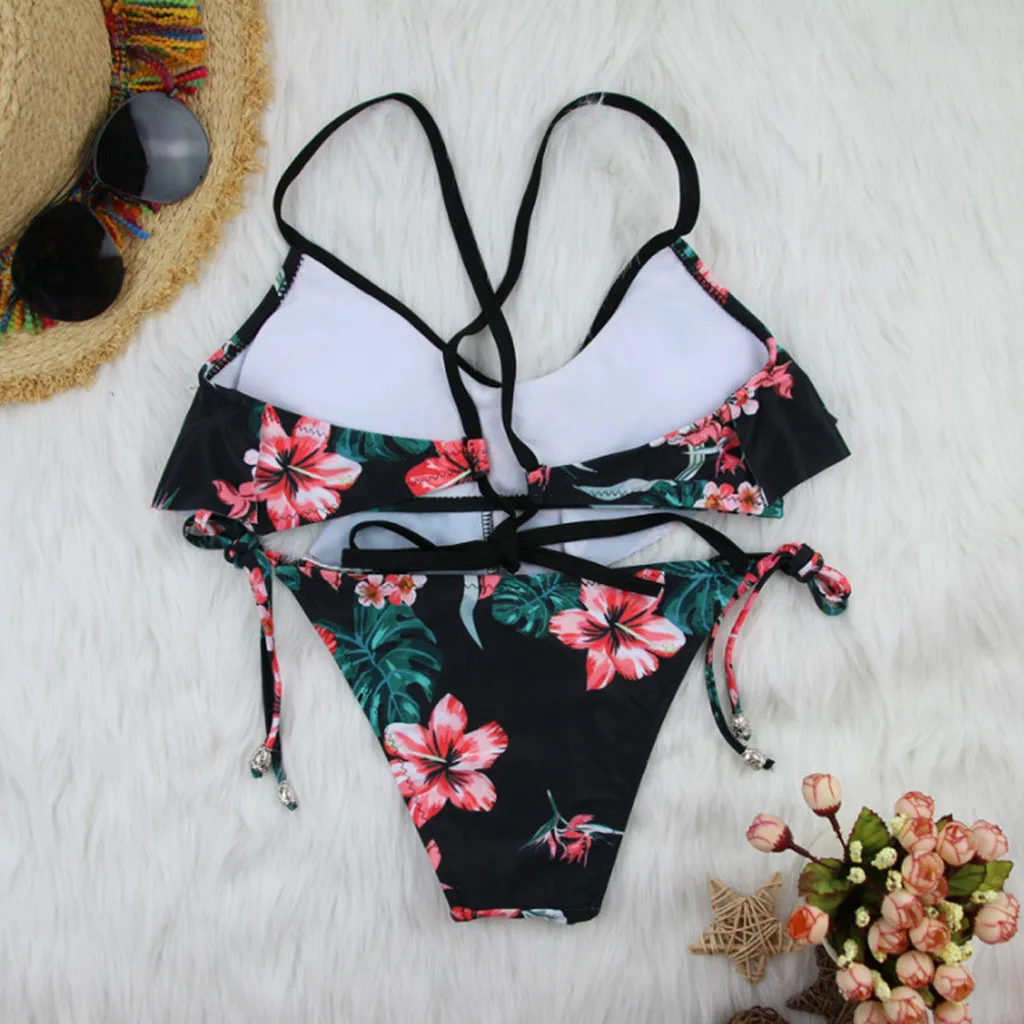 Ruffles Bikini 2024 Floral Print Sexy Women Swimsuit Push-Up Bikinis Two Pieces Tie Side Bandage Bathing Suit Brazilian Swimwear