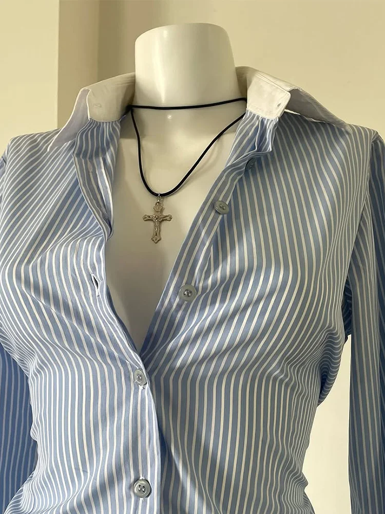 

Ele Vintage Blue Striped Long Sve irt Women's Faion Slim Fit Spring Commute Sle Korean Version Polyester Fiber