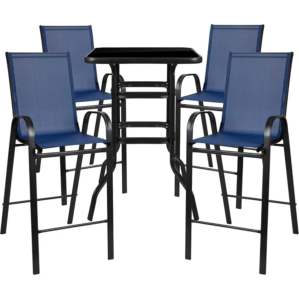 

5-Piece Glass Brazos Bar Table Set with 4 Navy Outdoor Bar Stools