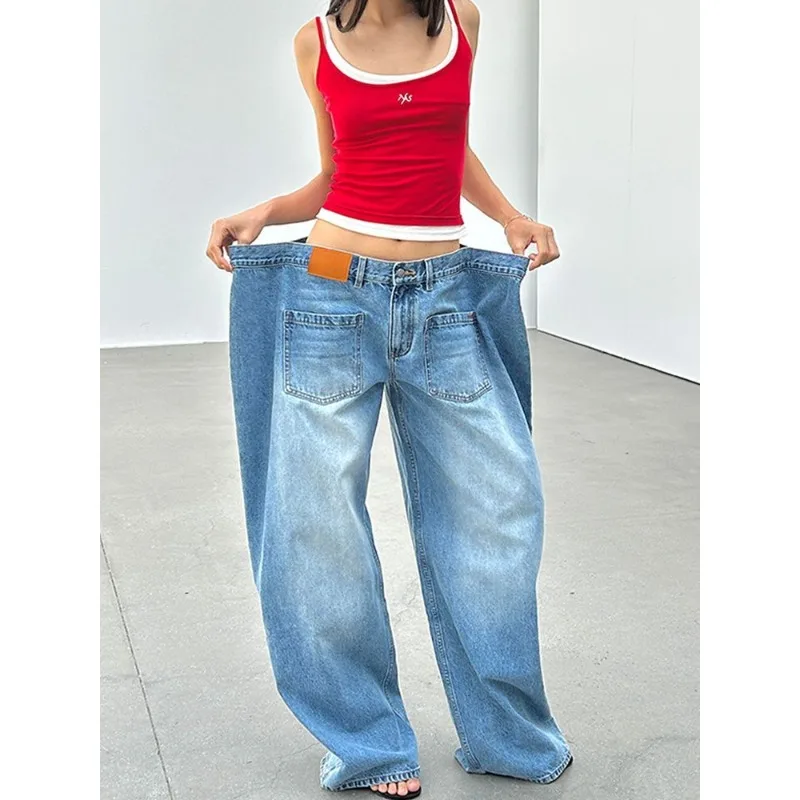 

Women's Reverse Pocket Design Fashionable Autumn Jeans Cool Girl Trousers Casual Bottoms High Waist Wide Leg Denim Pants