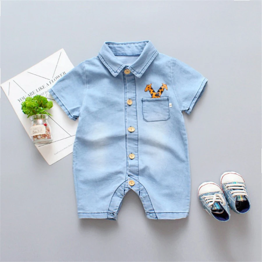 1 Pcs Baby Clothes Cute Cartoon Style Giraffe Print Denim Material Romper