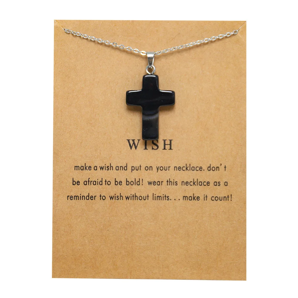 New Trendy Fashion Alloy Silver Color Wish Card Glass Natural Stone Cross Pendent Necklace for Women Girl Gift Birthday Jewelry