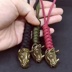 Paracord geflochtenen Anhänger Retro Messing Nashorn Kopf DIY Lanyard Messer Perle Ornamente Tasche hängen Seil hand gefertigt