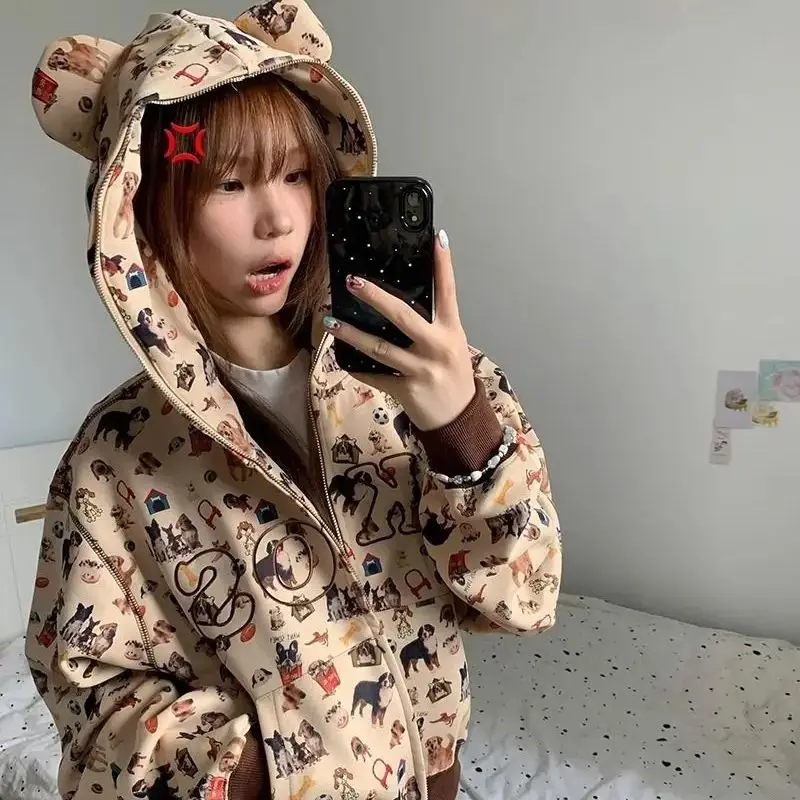 Zipper Hoodie Dog Print Harajuku Pattern Women Kawaii Short Cute Pattern Hooded Retro Y2k Japanese Style Hoodie