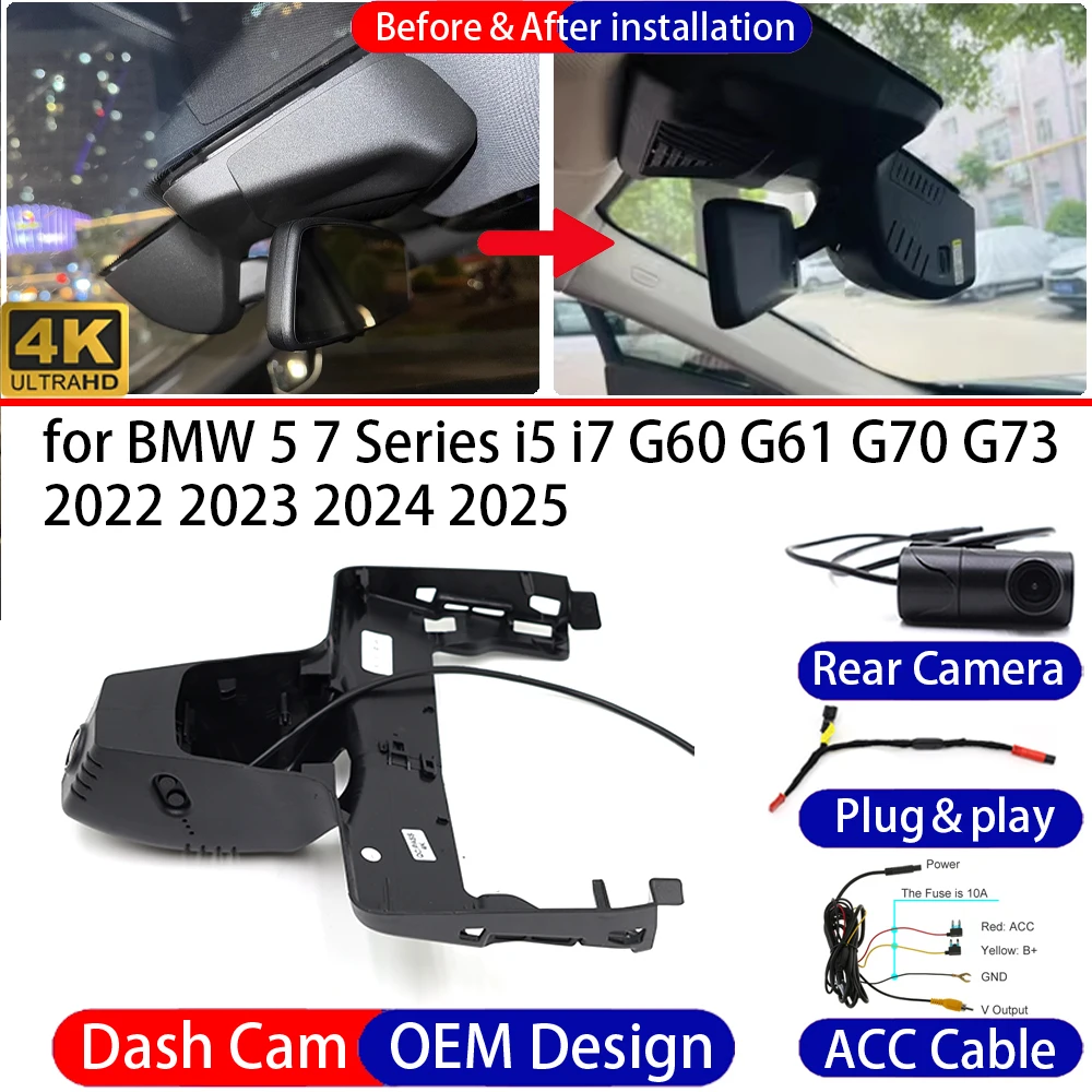 Cámara para Auto BMW Serie 5 y 7, i5, i7, G60, G61, G70, G73 2022-2026, Grabador de Conducción Delantero y Trasero 4K UHD, DVR para Vehículo
