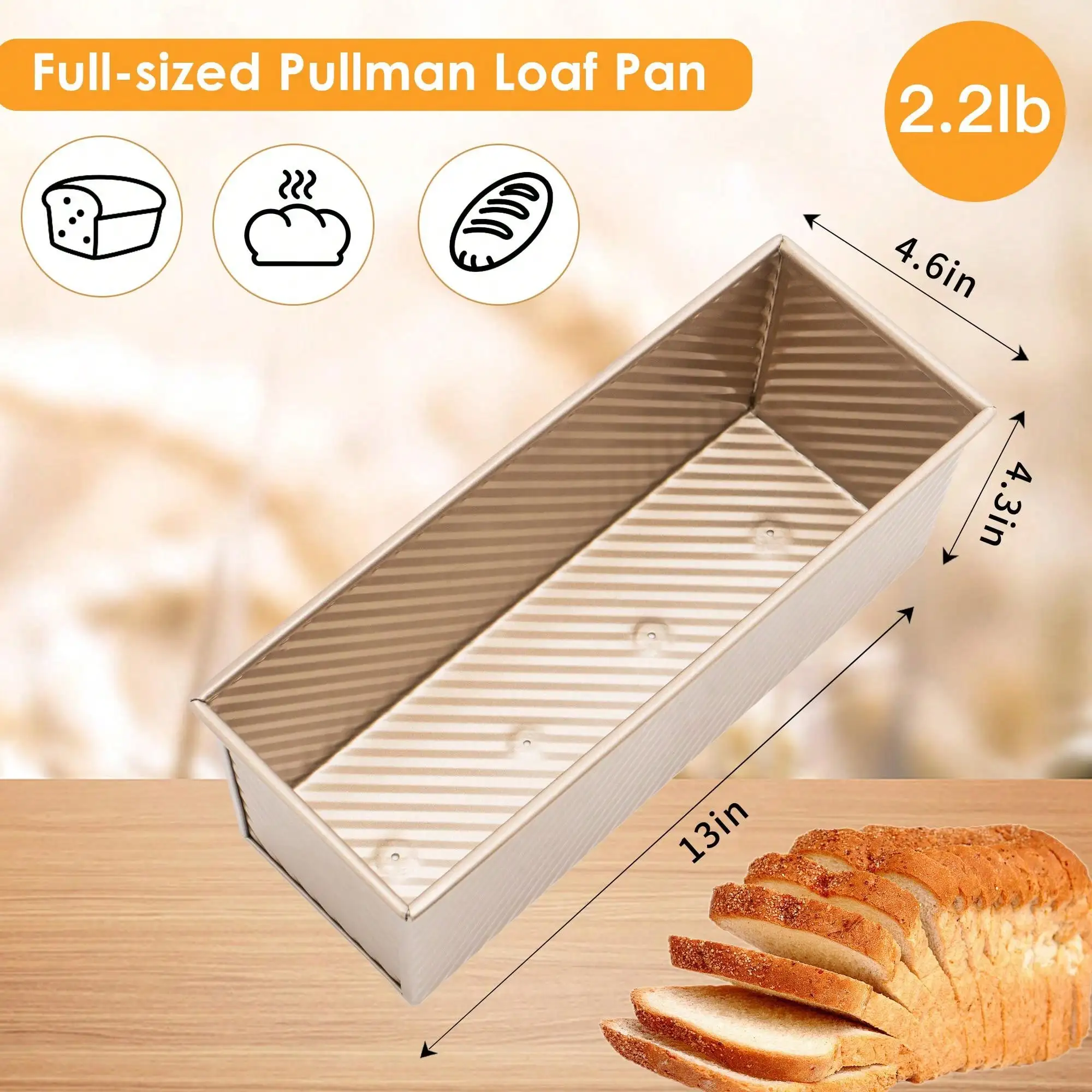 13 X 5 Inch Pullman Loaf Pan With Lid, 2.2lb Aluminized Steel Nonstick Bread Pan For Sandwich Bread, Long Bread Loaf Pan With Dough Scraper Cutter