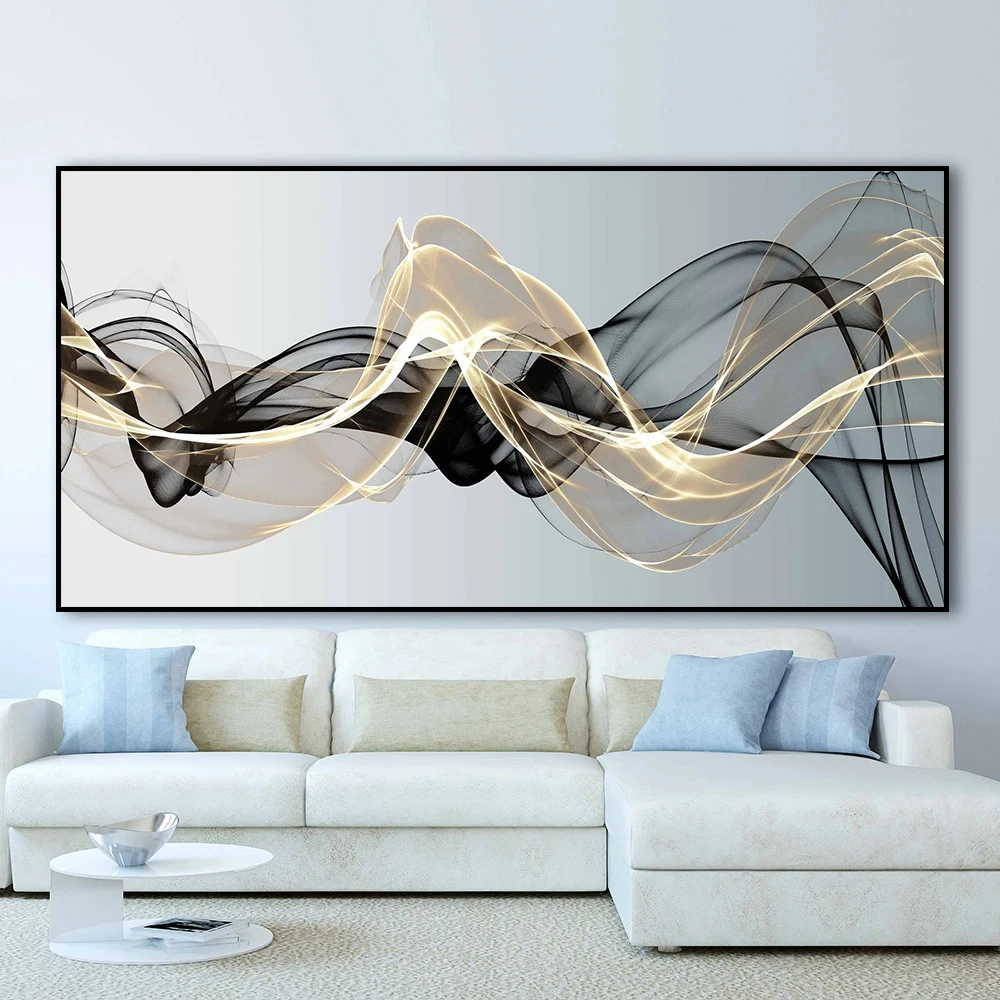 Large Modern Abstract Floating Black Gold Mesh Canvas Painting Print Luxury Wall Art Picture Link Poster For Living Room Home De