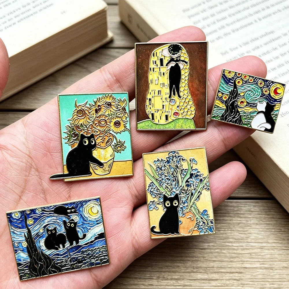 Collectible Vintage Brooches - 5pcs Famous Painting Black Cat Enamel