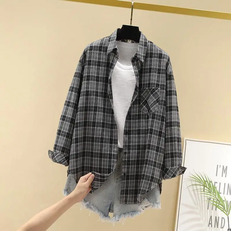 Women Clothing Printing Plaid Patchwork Pocket Buttons Office Lady Simplicity Fashion Loose Turn-down Collar Long Sleeve Blouses