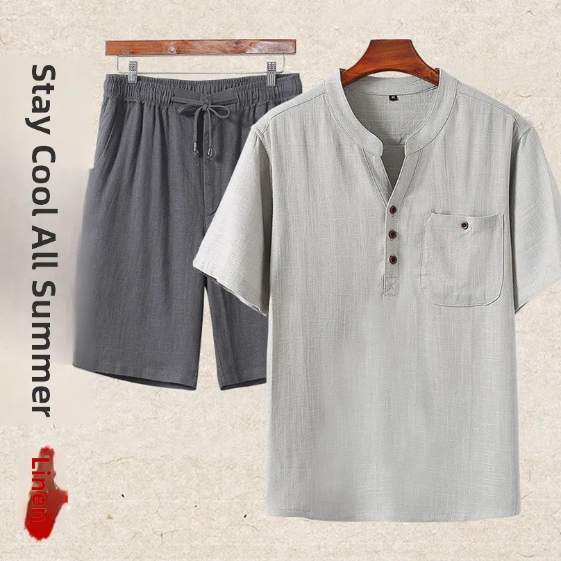 

Father's Summer Faionable Brand ort Sve T-irt Set Cotton Linen Men's Clothing Match Dad's Linen Tang Suit Casual Loo...