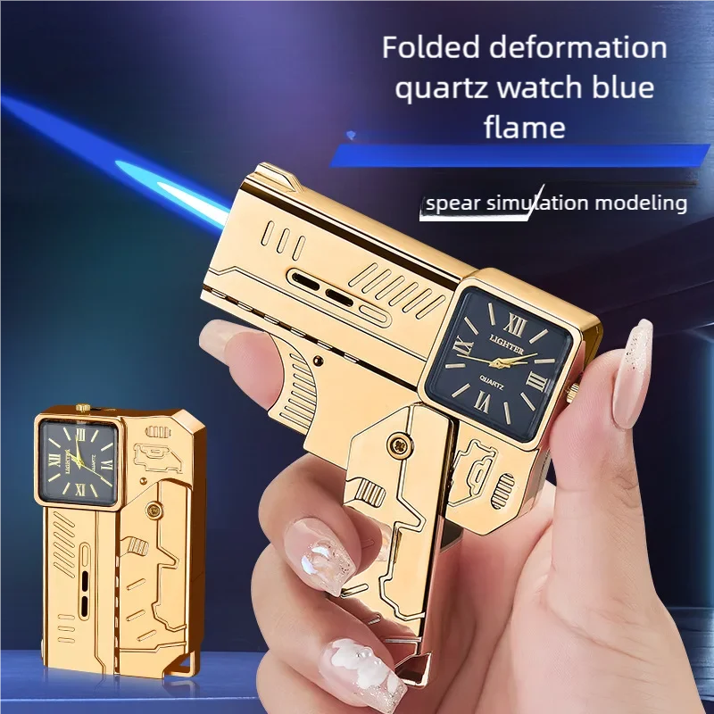 Smoking Accessories Unique Gift Lighter Folding Table Gun Lighter Butane Windproof Flashlight Spray Blue Fire Metal Lighter