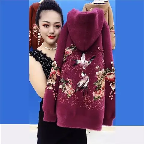 Autumn Winter New Imitation Mink Velvet Women Hooded Embroidered Wool Thick Coat Loose Casual Fashion Knitted Sweater U862