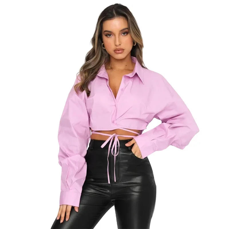 Trend Solid Color Loose Shirts Women Spring Autumn New Fashion Single Breasted Leace-up Short Shirts & Blouses Female Streetwear