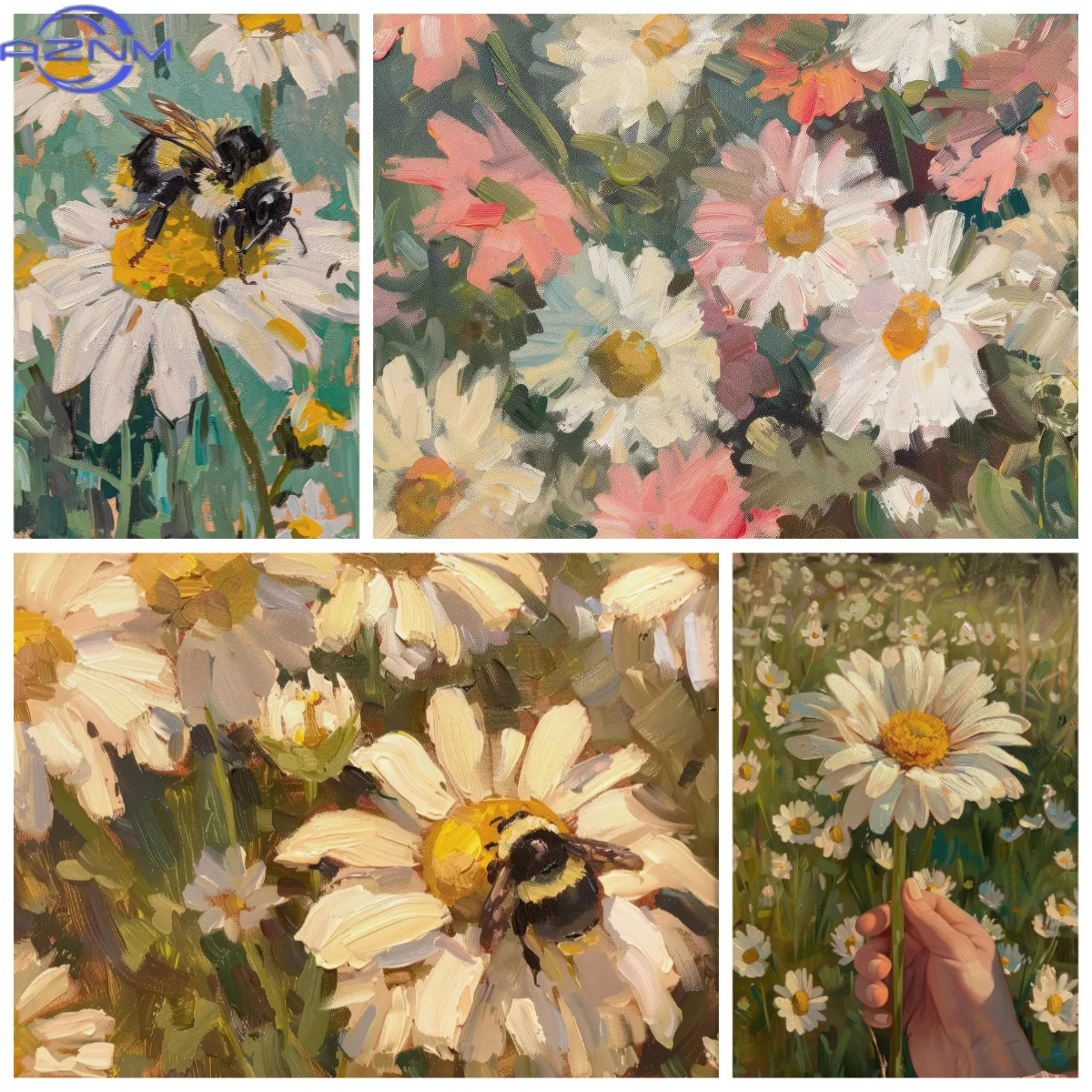 Daisy Floral Impasto Oil Painting Paper Jigsaw Puzzle Bumblebee Botanical Scenery Puzzle Adult DIY Wall Art Decor Hobby Gift