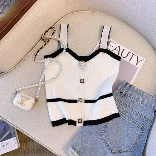 Summer Slim Button Design Bottom Camisole Short Tank Top Women\'s French Style 3d Tie Flowers Crop Top Small Halter Knit Vest