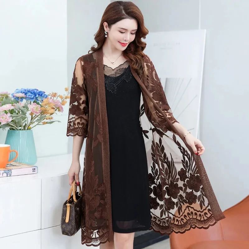 Summer New Ethnic Style Embroidered Cardigan Jacket Women Large Size Thin Long Sun Protection Clothes Female Lace Shawl Coat 5XL