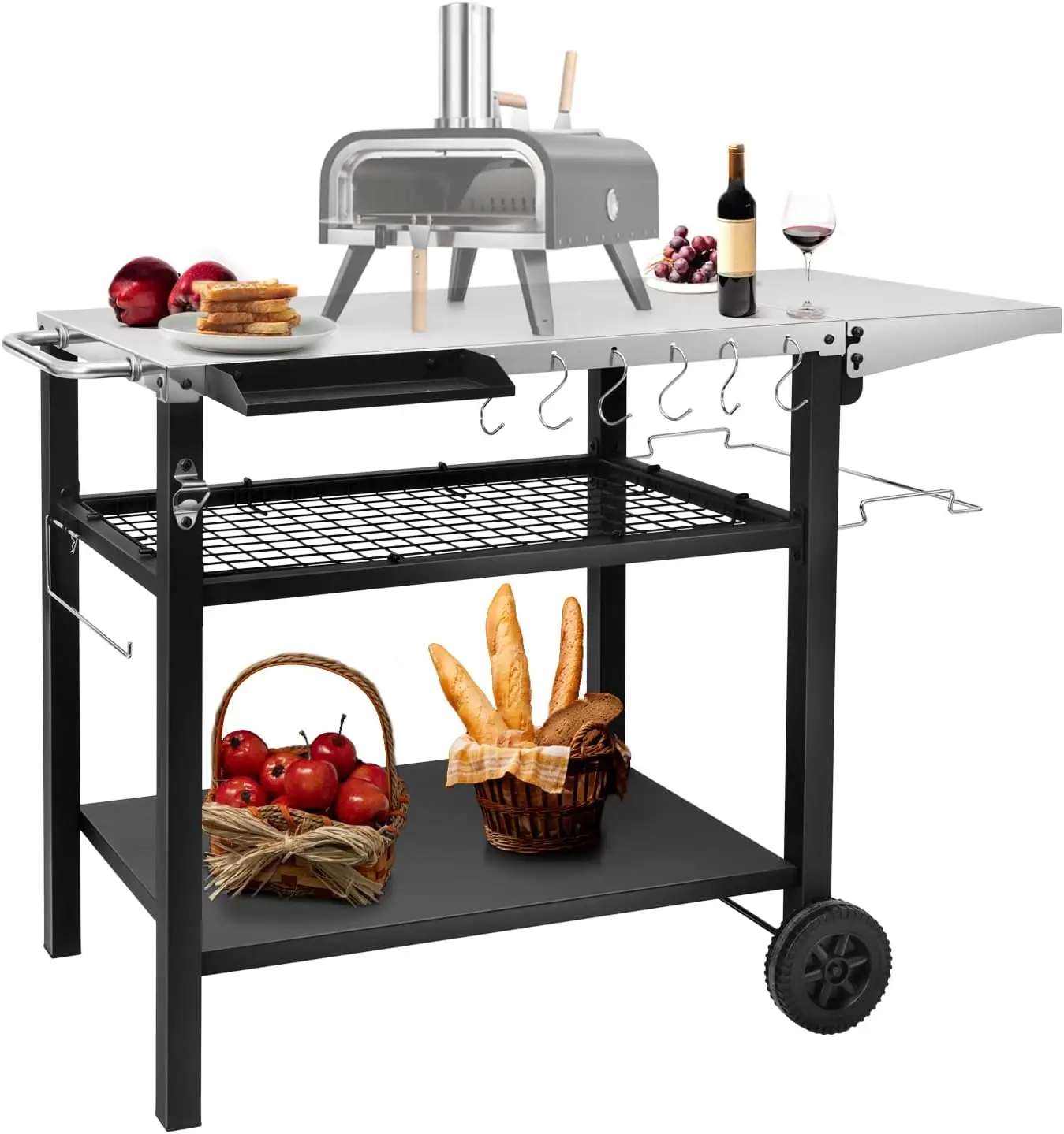 Outdoor Grill Cart Table Pizza Oven Stand, Three-Shelf Stainless Steel Food Prep Table Patio BBQ Grill Table Bar Cart Kitchen Is