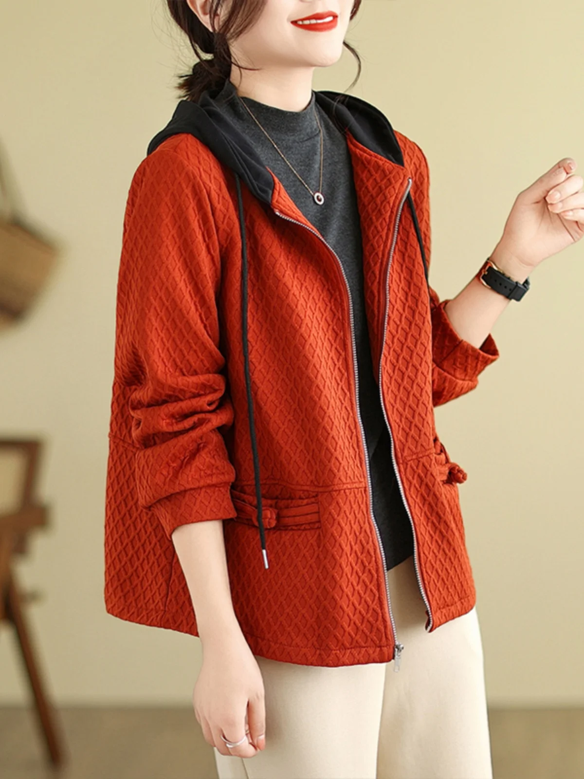 

New Trendy Contrast Color Patchwork Plaided Texture Hoodie Women's Vintage Coats Winter Fashion High Quality Casual Loose Jacket
