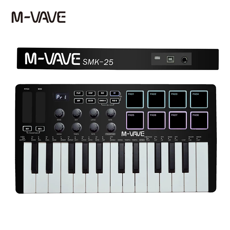 M-VAVE tragbare midi 25-Tasten usb midi tastatur controller mit 8 hintergrund beleuchteten drum pads 8 knöpfe 8 rgb musik tastatur instrumente