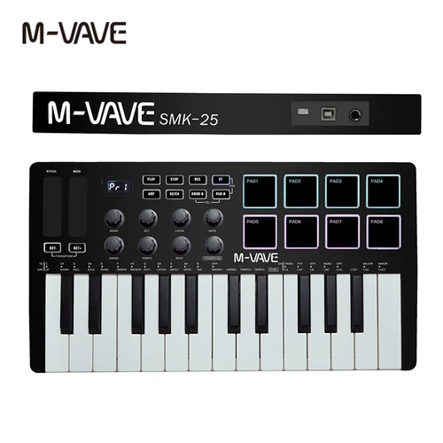 M-VAVE Controlador de teclado MIDI USB portátil MIDI de 25 teclas con 8 almohadillas de batería retroiluminadas 8 perillas 8 instrumentos de teclado musical RGB