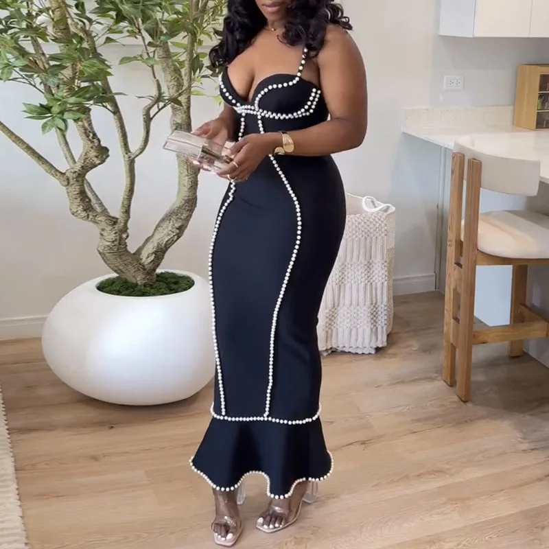 Sexy tief ausgeschnittenes ärmelloses Fishtail-Kleid, elegantes Damenkleid mit hoher Taille, plissiertes Partykleid, modisches, farblich abgestuftes Kleid mit Perlenverzierung.