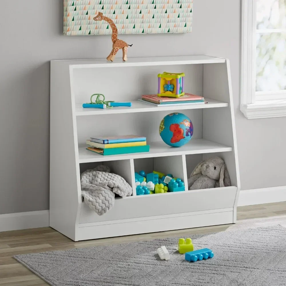 Kids Bin Storage and Two Shelf Bookcase, White Book Storage, Cube Shelf, Kids Toy Storage