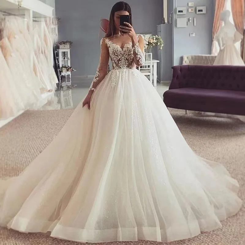 

GUXQD Wedding Dress Organza With Embroidery Appliques Ball Gown O-neck Full Sleeve Bride Dress Vestido De Noiva robe de mariée