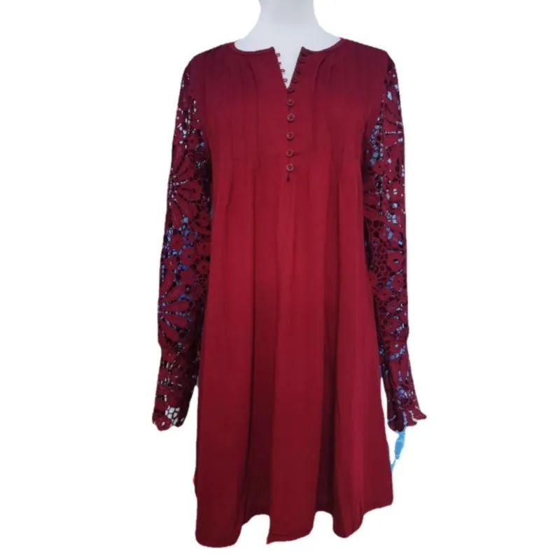 Women Mini Dresses 2025 Summer Elegant Dress Female Fashion V Neck Button Dress Ladies Lace Hollow Out Long Sleeve Robe Vestidos