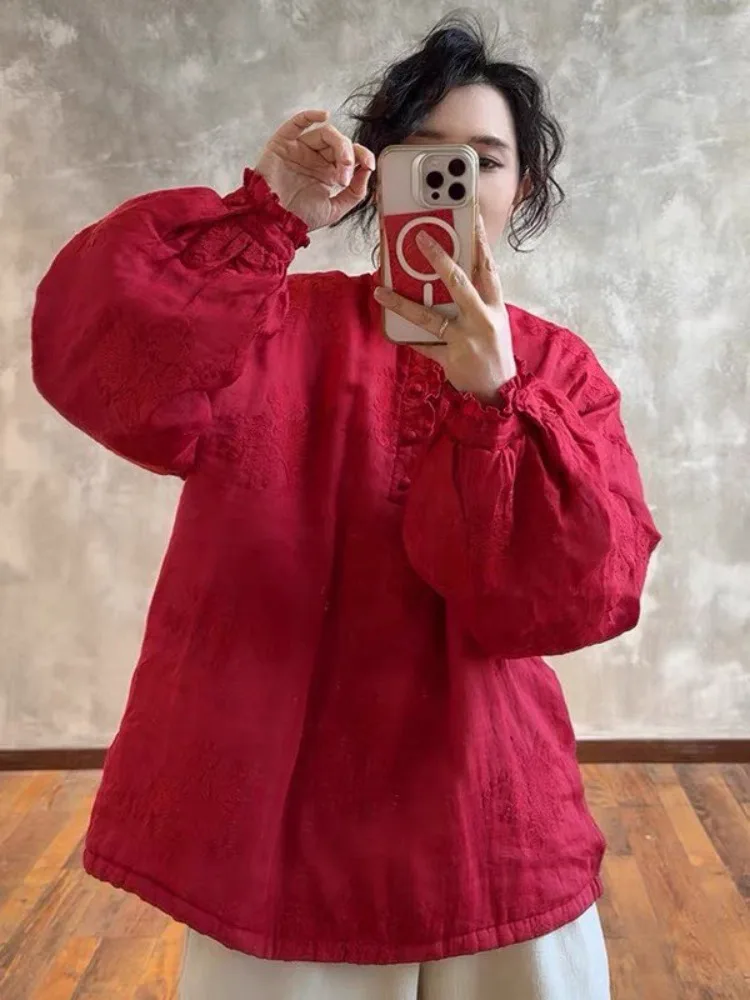 Thickened Cotton Linen Shirt Women's Winter Fashion Age Reduction Warmth Collar Lace Sleeveless Long Lantern Sleeve Button up