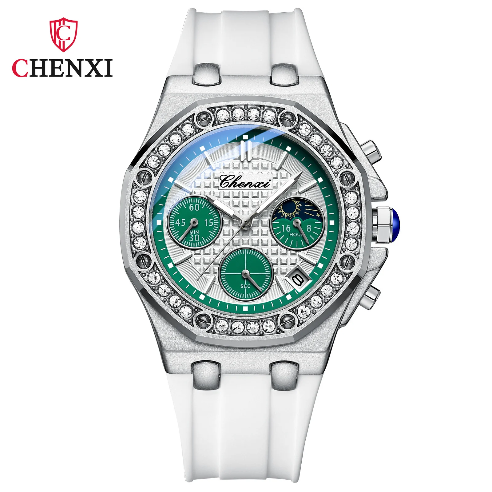 CHENXI 912L Multifunctional Women\'s Moonlight Phase Timing True Three Eyes Calendar with Diamond Octagonal Silicone Quartz Watch