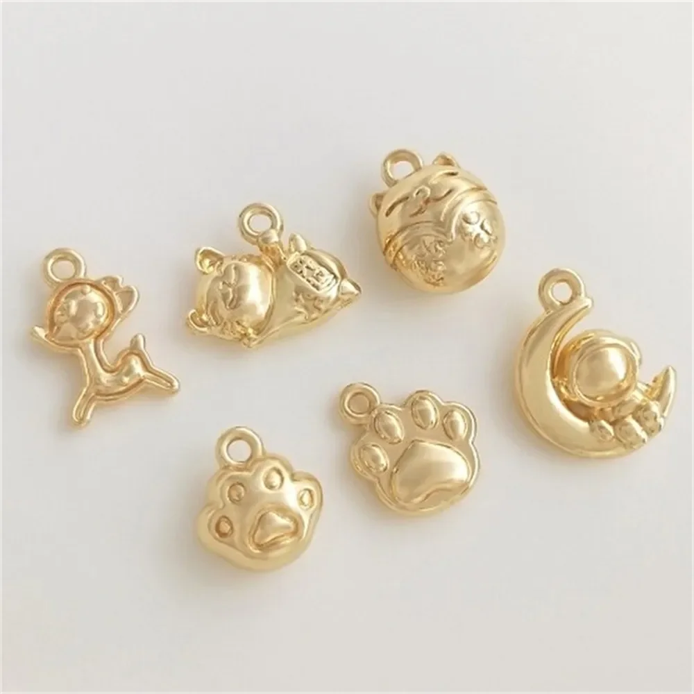 14K Bag Real Gold Cat Paw Lucky Cat Pendant Fawn Spaceman Moon Pendant DIY Bracelet Jewelry Charm K420